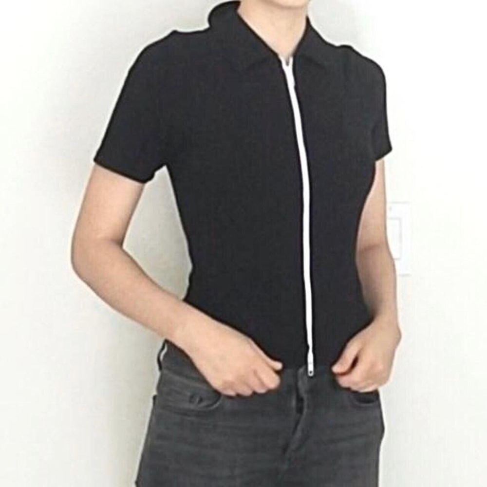 NWT Office Siren Black Ribbed Zip Up Collared Shirt